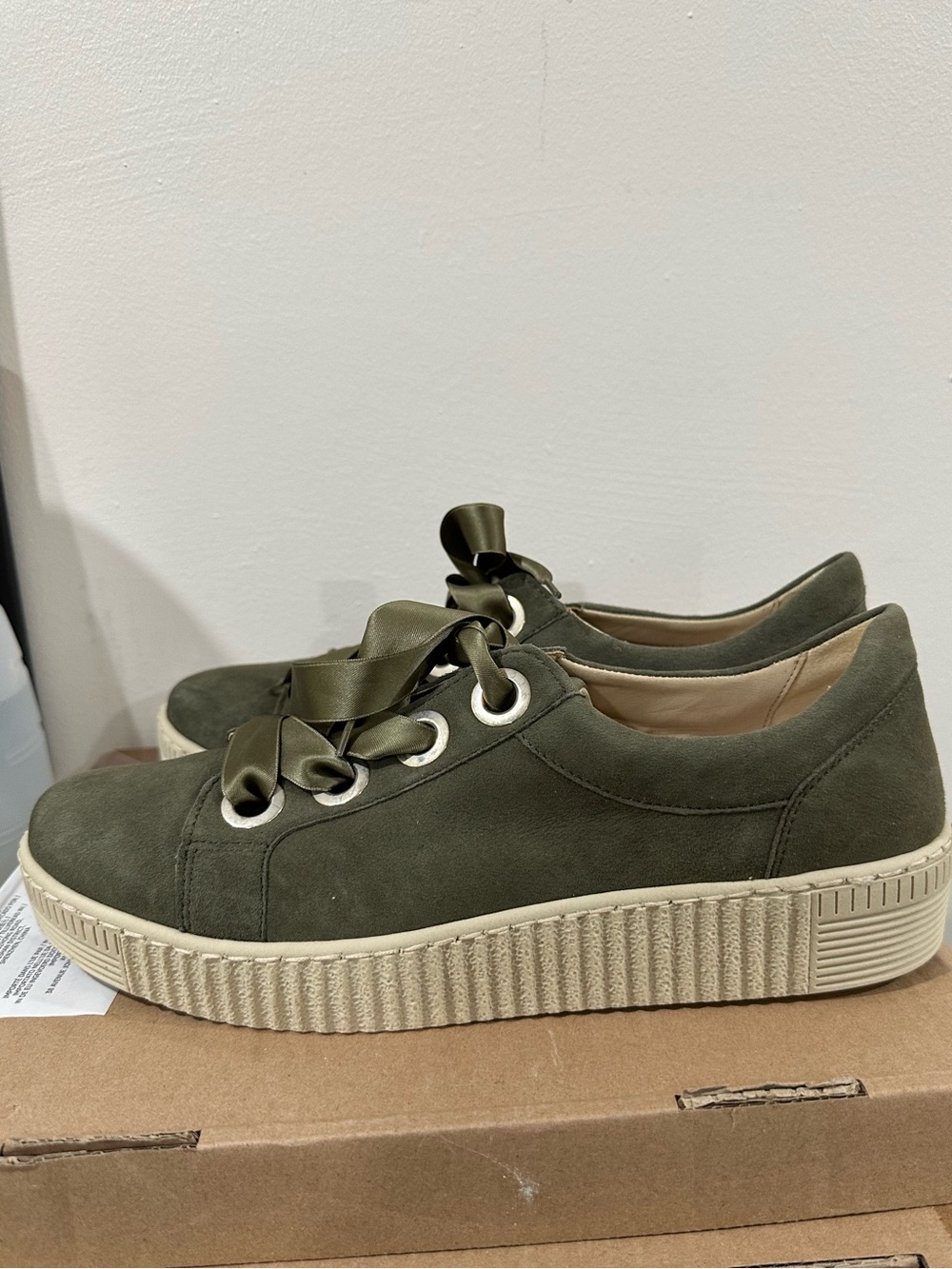 Gabor Olive Green Suede Satin Ribbon Platform Sneakers